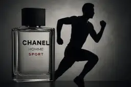 Chanel Homme Sport Flakon neben Silhouette eines Mannes beim Laufen.