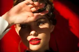 Kobieta z dłonią na czole, czerwone usta, ciekawe światłocień. Jak zrobić portret z dramatycznym efektem.