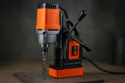 Perceuse magnétique orange et noire avec mèche sur une plaque métallique.