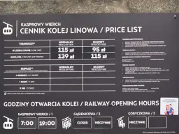 Cennik kolejki linowej na Kasprowy Wierch: ceny biletów normalnych i ulgowych, godziny otwarcia.