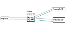 Schemat pokazuje, jak podłączyć dwie lampy LED do jednego kabla za pomocą kostki zaciskowej i włącznika.