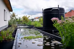 Czarny zbiornik na deszczówkę na zielonym dachu z roślinnością i wodą.
