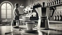 Kawiarka i filiżanka na blacie, barista w tle przygotowuje kawy włoskie.