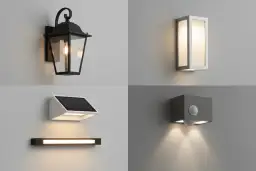 Cztery kinkiety zewnętrzne: klasyczny lampion, nowoczesny prostokąt, solarny z panelem i z czujnikiem ruchu. Różne style i na jakiej wysokości kinkiety zewnętrzne można zamontować.