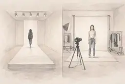 Ilustracja przedstawia scenę z wybiegu i sesji zdjęciowej z modelką.