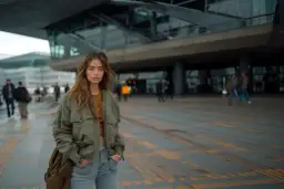 Młoda kobieta w modnej jesiennej stylizacji, w zielonej kurtce bomberce i jeansach, pozuje na tle nowoczesnego budynku.