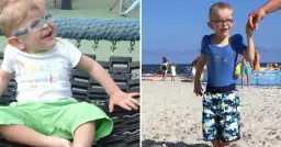 Chłopiec w okularach na placu zabaw i na plaży, jakby śpiewał piosenkę dla niemowlaka.