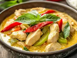 Aromatyczny curry z kurczakiem, z papryczkami chili i bazylią, w misce. Idealne danie, gdy masz ochotę na coś innego niż stir-fry z wołowiną.