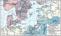 Stara mapa Europy Północnej i Wschodniej z zaznaczonymi królestwami i regionami.