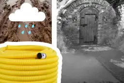 Błoto, chmura z deszczem, żółty wąż drenażowy i stara kamienna piwnica.