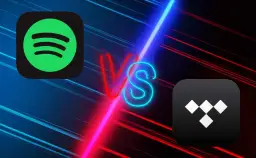 Logo Spotify i Tidal na tle neonowego napisu VS.