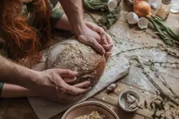 Dłonie obejmują bochenek chleba, jakby zastanawiając się, dlaczego chleb nie wyrasta. Na drewnianym stole mąka, jajka, cebula i czosnek.