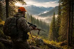 Myśliwy w pomarańczowej czapce i kamuflażowym ubraniu, z plecakiem i karabinem, obserwuje górzysty krajobraz.