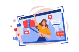 Dziewczyna z selfie stickiem nagrywa filmik, pokazując, jak napisać blog po angielsku. Wokół pojawiają się serduszka i kciuki w górę.