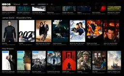 Kolaż plakatów filmowych z serii James Bond i innych tytułów HBO GO.