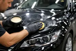 Nakładanie wosku na błyszczącą, czarną maskę samochodu za pomocą gąbki.