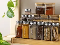 Słoiczki z przyprawami: papryka, kurkuma, gałka muszkatołowa, nasiona chia, kardamon, cynamon. Dowiedz się, jak długo można przechowywać mielone przyprawy żeby nie straciły aromatu.