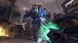 Potwór z Duke Nukem Forever strzela zielonym promieniem w zniszczonym mieście.