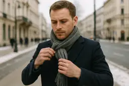 Mężczyzna w granatowym płaszczu poprawia szary szalik. Pokazujemy, jak wiązać męski szalik, by wyglądać stylowo.