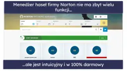 Interfejs menedżera haseł Norton z listą loginów i ikonami.