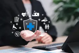 Ochrona przed **all risk** – symbol tarczy z krzyżem, ikony medyczne, pomoc dla seniorów i niepełnosprawnych, wsparcie finansowe.