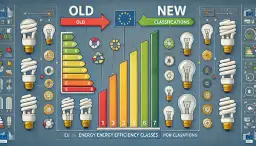 Porównanie starych i nowych klas energetycznych żarówek. Od lewej: żarówki energooszczędne, stara klasyfikacja (A-G), nowe klasy (1-7).