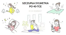 Jak schudnąć po 40. to aktywność fizyczna, zdrowa dieta, relaks i sen. Kobieta biega, ćwiczy jogę, je zdrowo, odpoczywa w wannie i śpi.