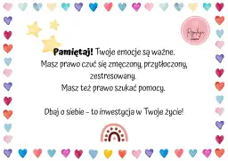 Ilustracja z serduszkami, gwiazdkami i tekstem o emocjach i dbaniu o siebie.