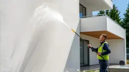 Mężczyzna w kamizelce odblaskowej myje białą elewację domu myjką ciśnieniową.