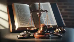 Waga sprawiedliwości, księga prawa, młotek sędziowski i policyjna odznaka.