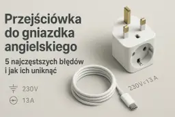 Adapter do angielskiego gniazdka. Biały adapter z trzema bolcami i gniazdem, biały kabel USB-C. 230V, 13A.