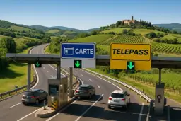 Autostrada we Włoszech z bramkami opłat: znak "CARTE" i "TELEPASS" oraz zielone strzałki.
