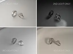 Dwa pierścionki, jeden z gładką obrączką i cyrkoniami, drugi z brylantem, w różnych ujęciach. Fotografia biżuterii pokazuje efekt oświetlenia.