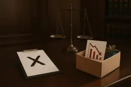 Waga sprawiedliwości, kartka z wykresem spadkowym i krzyżykiem na desce.