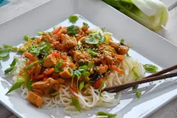 Pyszny makaron ryżowy z kurczakiem, warzywami i sosem sojowym, posypany sezamem i świeżą kolendrą.