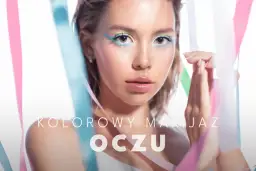Kobieca twarz z odważnym, kolorowym makijażem oczu. Pastelowe cienie i precyzyjne linie tworzą efektowną kompozycję.