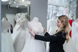 Kobieta w czarnej marynarce dopasowuje koronkową górę sukni ślubnej na manekinie w salonie.