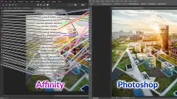Porównanie narzędzi w Affinity i Photoshop. Widok interfejsu z zaznaczonymi opcjami, w tym kolor selektywny photoshop.