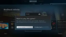 Okno dialogowe Steam z pytaniem o dostęp do gry BioShock Infinite, z opcjami "Request access..." i "I'd rather buy it...".