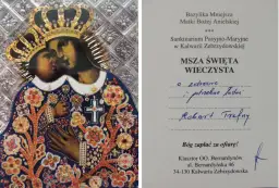 Ikona Matki Boskiej z Dzieciątkiem Jezus w ozdobnych szatach i koronie, obok dokument z napisem "Msza Święta Wieczysta".