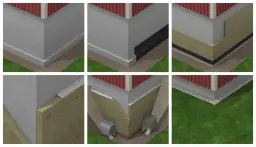 Ilustracje pokazują, jak głęboko ocieplać fundamenty, prezentując kolejne etapy prac izolacyjnych i drenażowych.