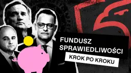 Portret mężczyzn z różową świnką-skarbonką i napisem "Fundusz Sprawiedliwości". Czy tak wygląda rozliczenie?