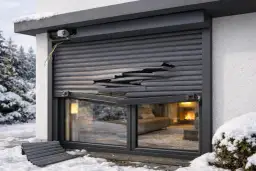 Zablokowana roleta zewnętrzna z wyrwą, z której wypadają fragmenty. W tle widać ośnieżony krajobraz i wnętrze domu z kominkiem.