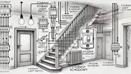 Schemat instalacji schodowej z wyłącznikiem schodowym. Pokazuje, ile żył potrzebuje wyłącznik schodowy do prawidłowego działania.