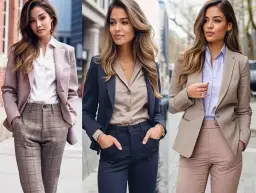 Trzy kobiety prezentują stylizacje smart casual damski: w różowej marynarce i kratowanych spodniach, granatowym komplecie oraz beżowej marynarce z pudrowymi spodniami.