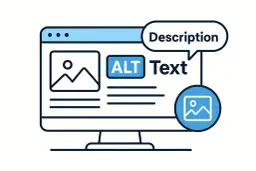 Ilustracja komputera z tekstem "ALT Text" i ikonką obrazka. Opisuje znaczenie tekstu alternatywnego dla dostępności.