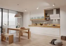 Jasna kuchnia z drewnianym stołem i ławą. Duże okna w kuchni sięgają podłogi, zapewniając dużo światła.