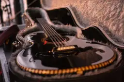 Schwarze Gitarre mit Fell ausgekleidetem Koffer.