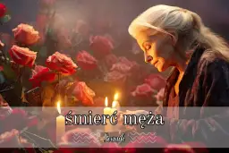 Sennik: śmierć męża. Starsza kobieta w zadumie, otoczona różami i płonącymi świecami, symbol żałoby i wspomnień.