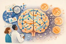 Naukowcy analizują mózg, badając, ile lat ma ludzkość. W tle wykresy, cząsteczki i symbole zakazu.